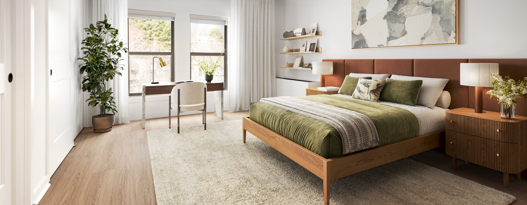 Bedroom with natural lighting and high ceilings