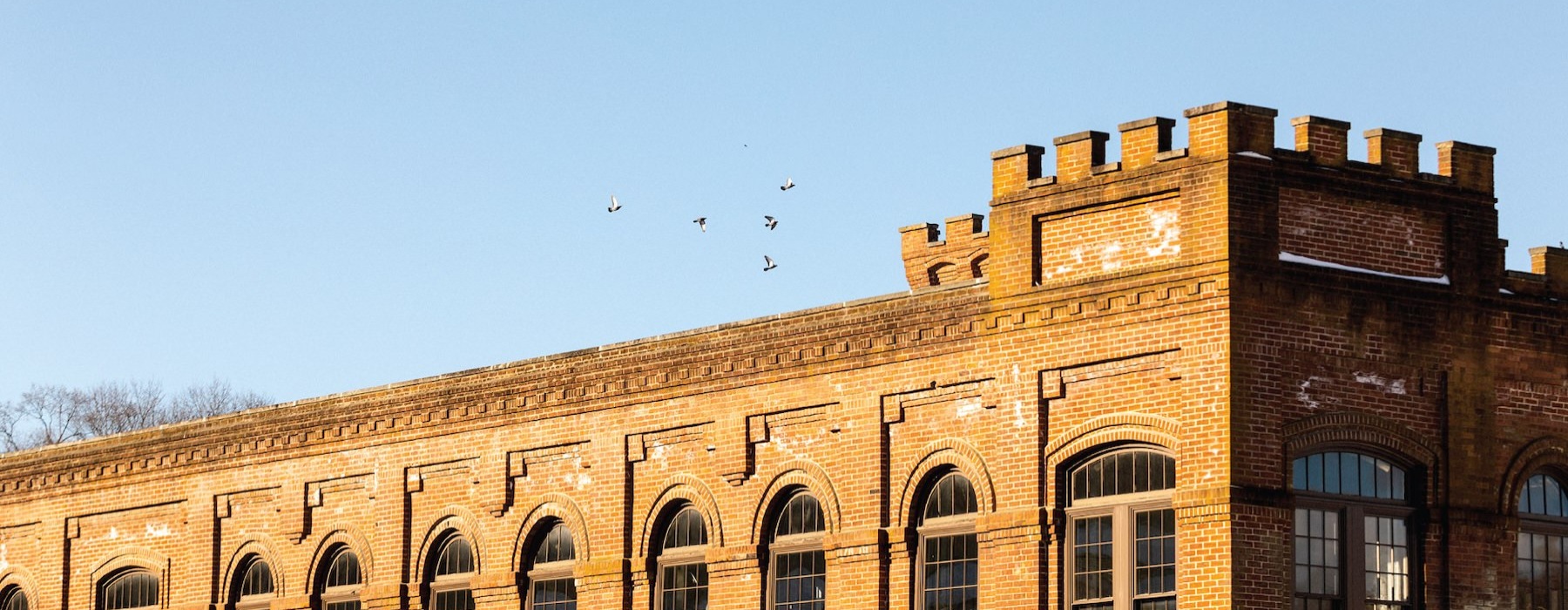 a brick building with birds flying in the sky