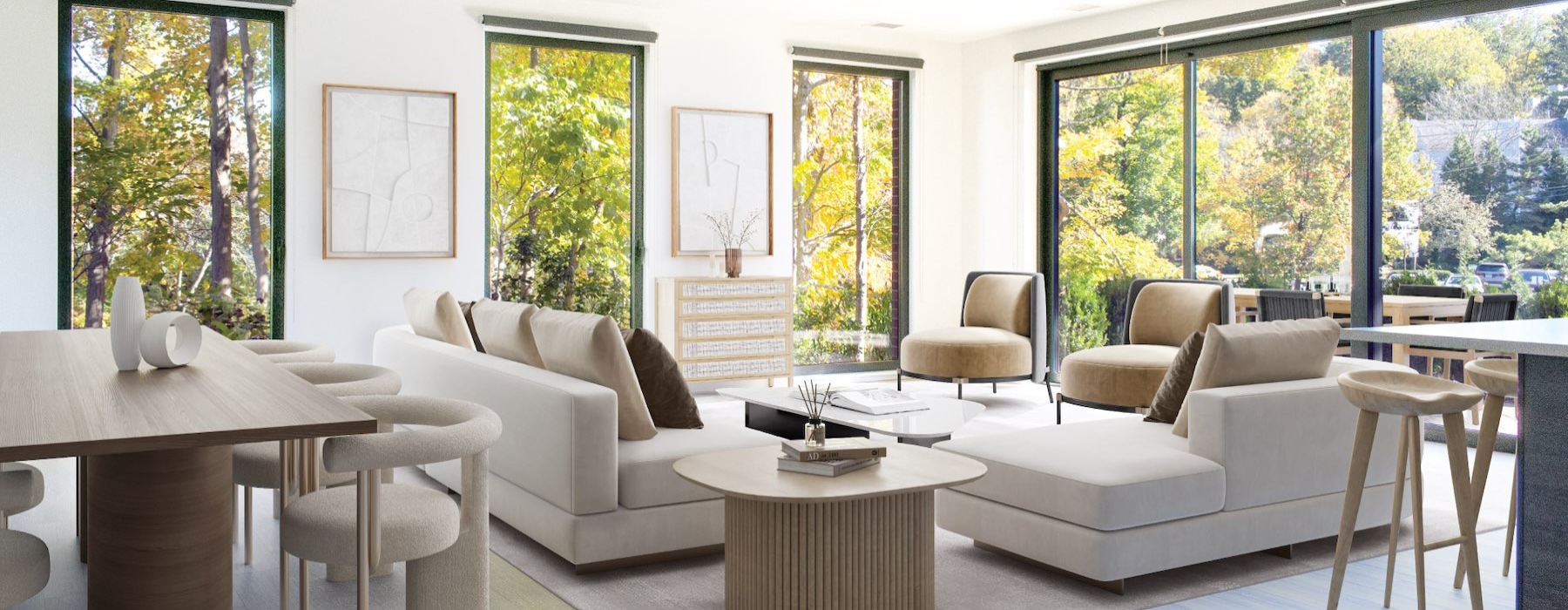 a clubroom with couches, tables and chairs